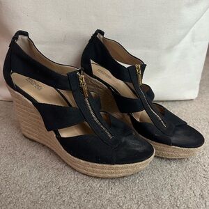 Michael Kors Black and Tan Wedge Sandals with Elegant Cage Design
